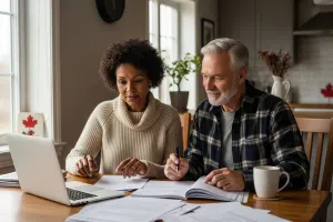 Older Canadian couple reviewing retirement documents at a kitchen table with a laptop and coffee mugs