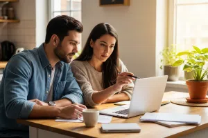 A Canadian couple reviews their quarterly benefit payment schedule at a kitchen table with a laptop and paperwork