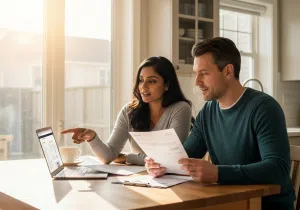 A Canadian couple reviewing mortgage paperwork at a kitchen table with a laptop open