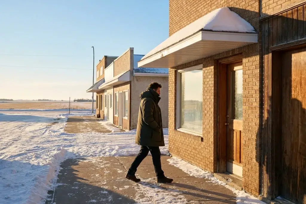 Person in a winter coat walking toward a small storefront on a snowy prairie main street in late afternoon light