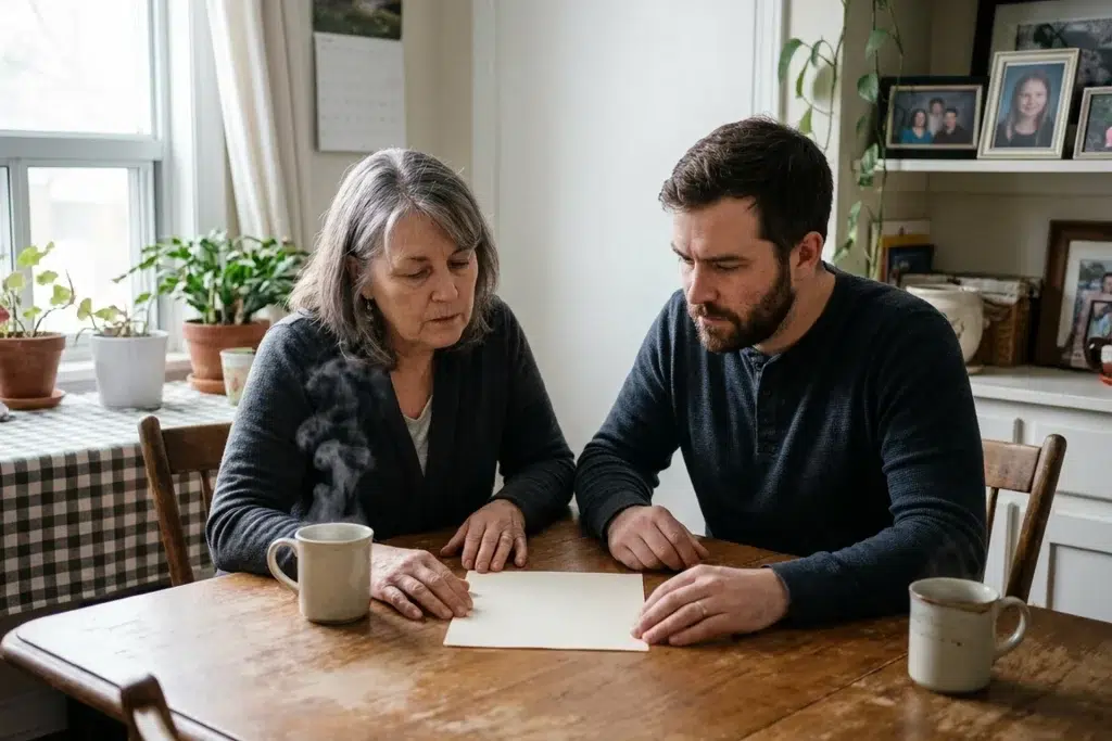 Two adults sitting together at a kitchen table looking seriously at a loan document