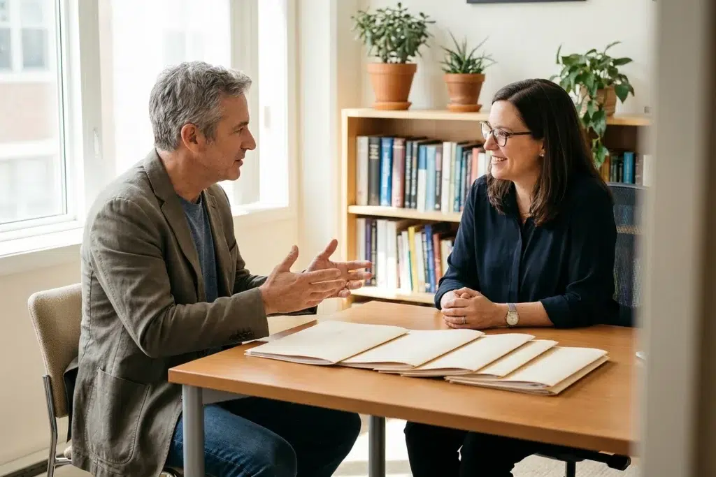 A man and a woman talking across a table in a bright office, open document folders spread out between them