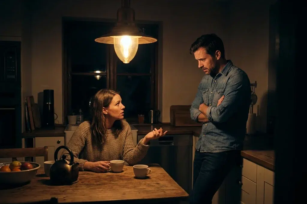 A woman seated at a kitchen table talking with a man standing with his arms crossed, late evening, a kettle and two mugs on the table