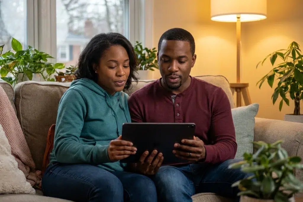 A couple sitting together on a living room sofa, reading something on a tablet they hold between them