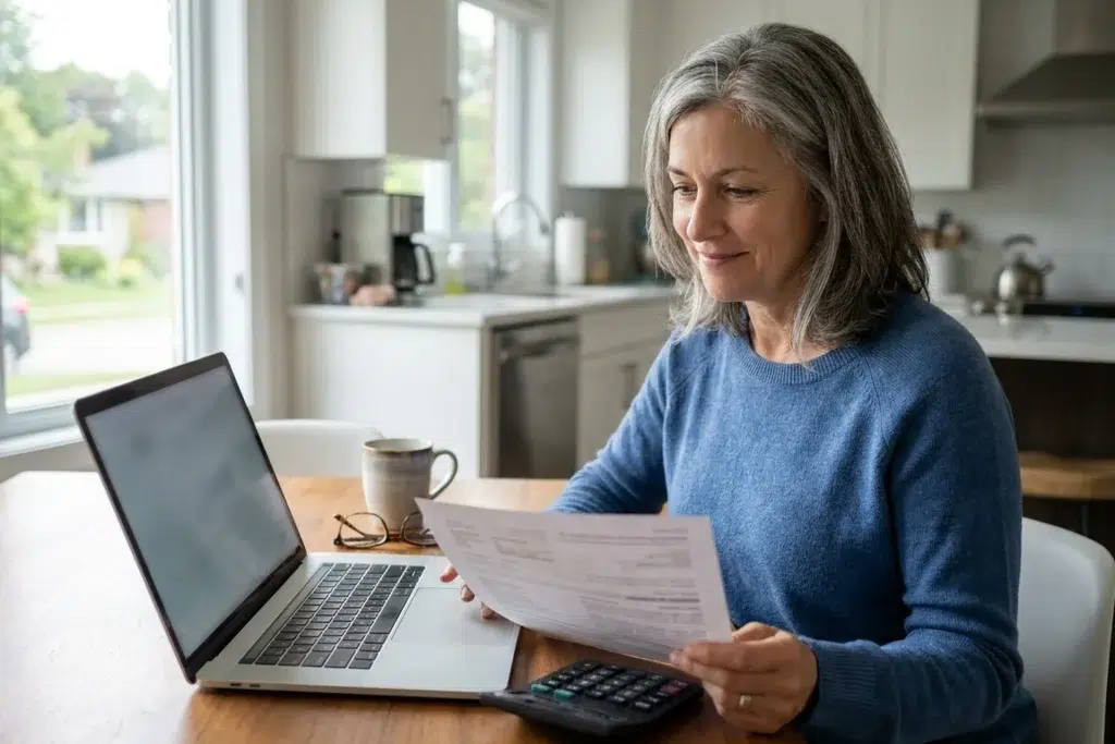 An older woman with gray hair sits at a wooden kitchen table calmly reading a printed loan document, with a calculator and an open laptop with a blank screen beside her and a bright kitchen behind her