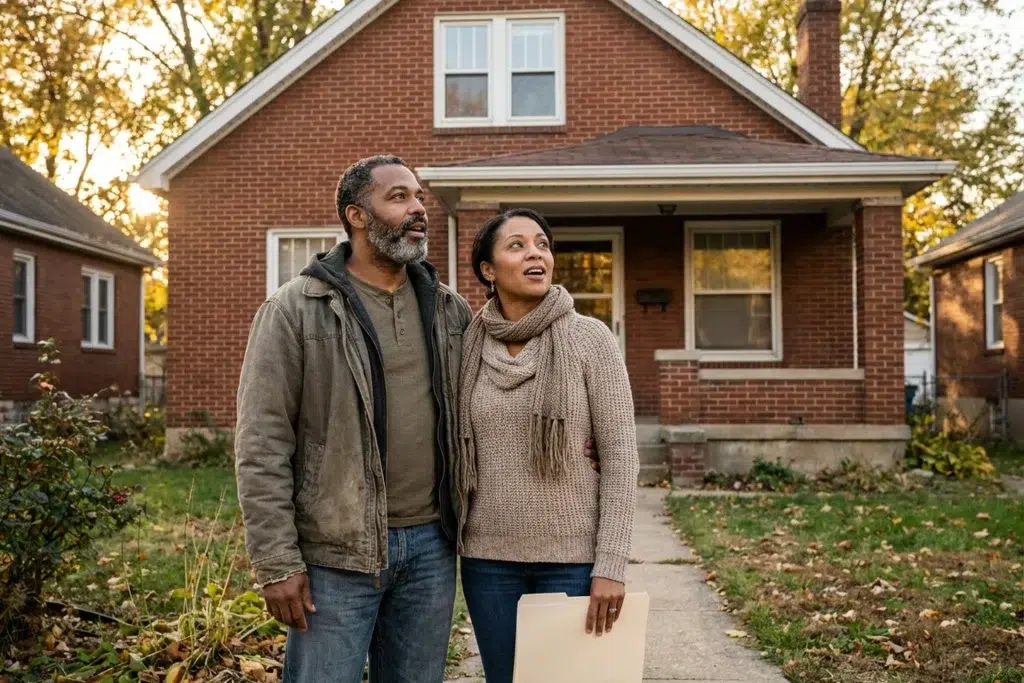 A couple in their forties standing on the front walk of a modest Canadian home in late afternoon, one holding a closed folder, both looking up at the house and talking