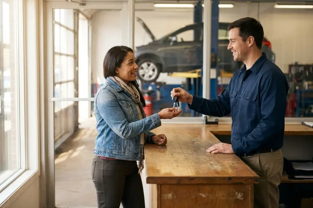 A woman smiles while taking a set of car keys from a service advisor across the wooden counter of an auto repair shop, with a car up on a lift visible in the garage behind them