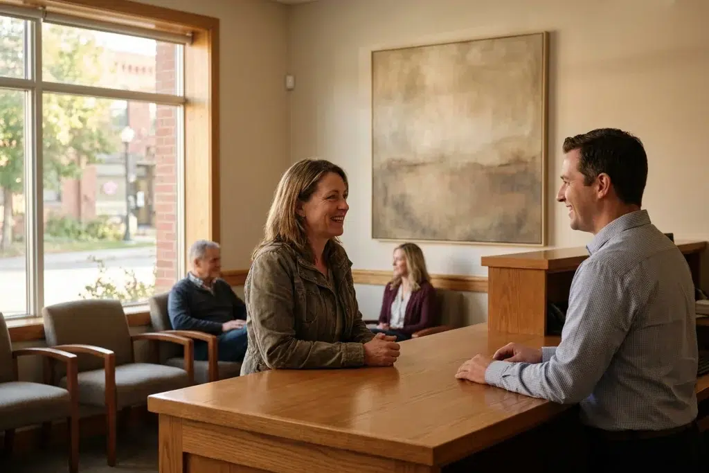 A member speaking with a teller at the counter of a small community credit union branch