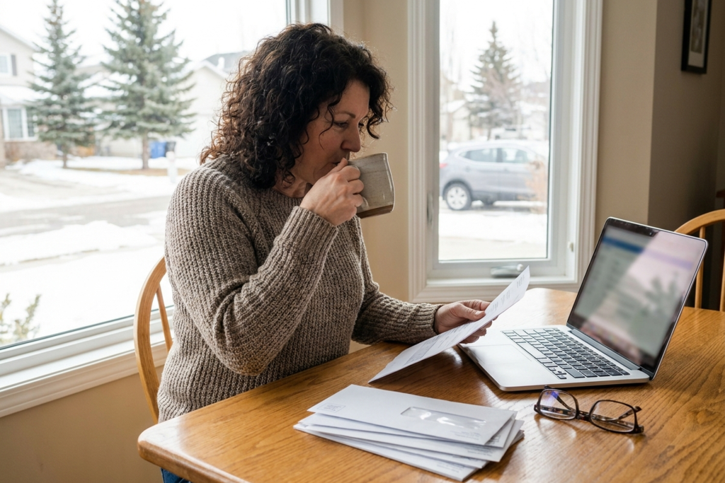 A woman drinking coffee while looking over a piece of mail at her kitchen table, laptop open beside a stack of envelopes and her glasses