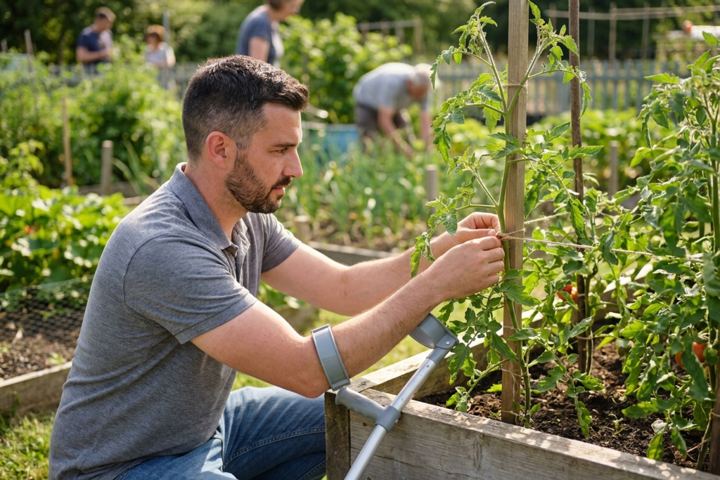 A man in a grey polo shirt kneels beside a raised vegetable bed in a community garden on a sunny summer day, tying a tomato plant to a stake with twine, a forearm crutch at his side