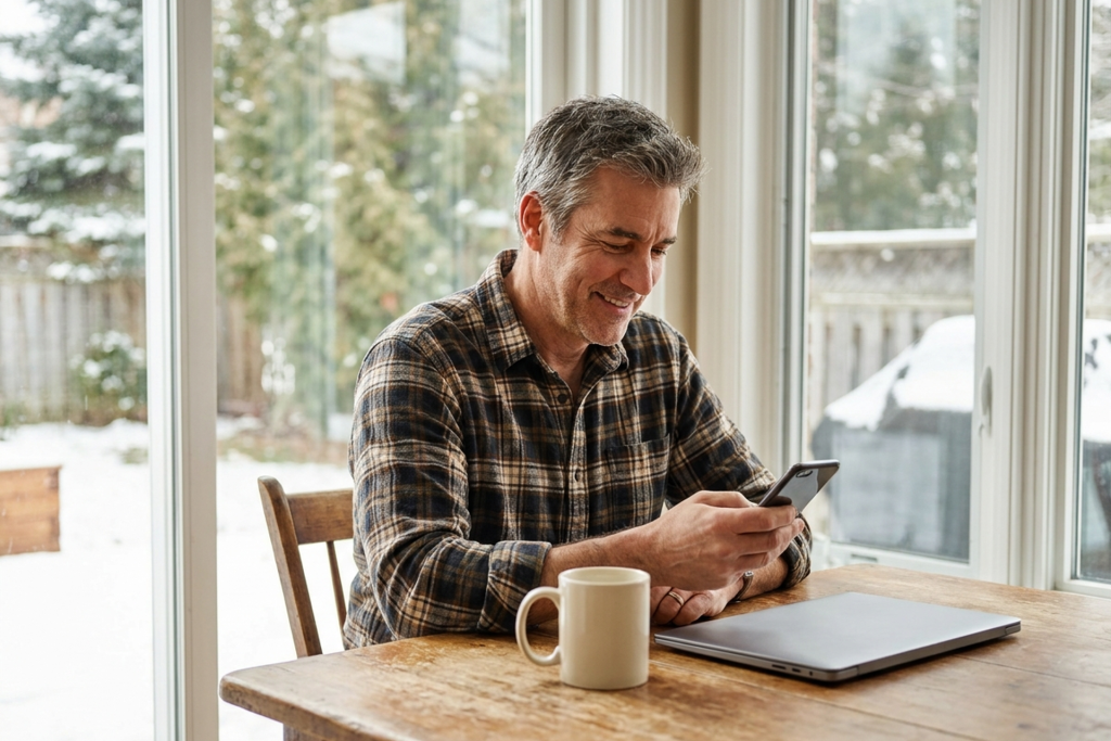 A man in a plaid shirt smiling at his phone at a wooden table, with a closed laptop and a coffee mug nearby and snow visible through the window behind him