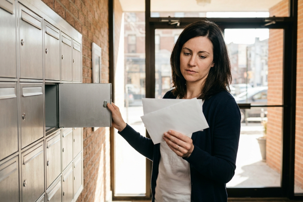 A woman in a navy cardigan and white t-shirt stands at a wall of steel mailboxes in a brick apartment lobby, one mailbox door open, and looks down at two plain white envelopes in her hand