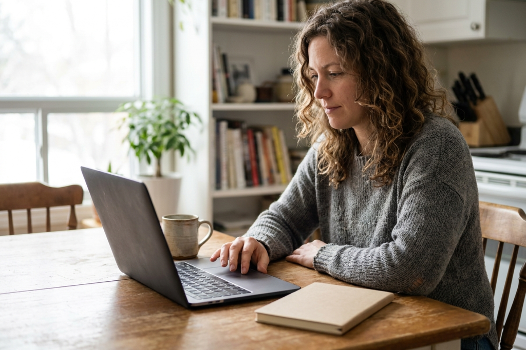 A Canadian adult typing on a laptop at a wooden kitchen table, a plain mug and closed notebook nearby, bookshelf in the background, soft natural window light