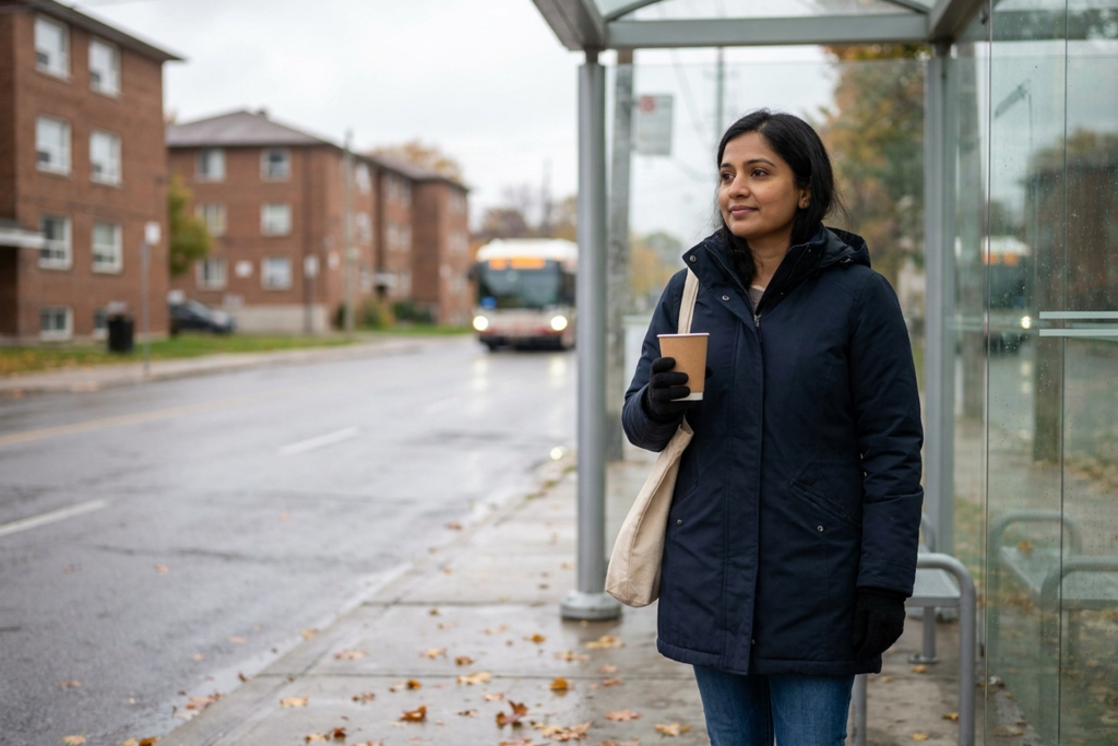 A woman in a navy parka and black gloves waits at a glass bus shelter on a wet autumn morning, a paper cup in one hand and a canvas tote bag on her shoulder, with a city bus approaching down the street