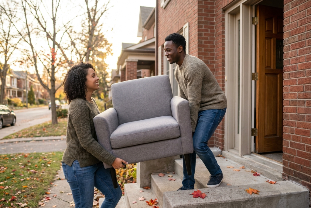 A woman and a man in their early thirties smile at each other as they carry a light upholstered armchair together up the concrete front steps of a red-brick house on a leafy street in autumn