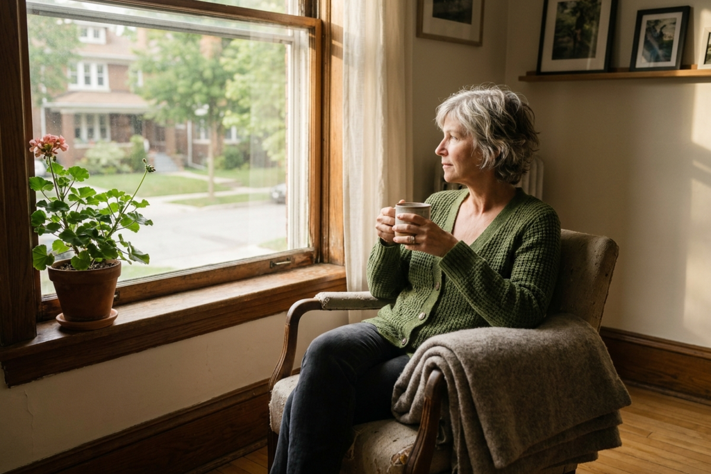A woman with short grey hair in a green knit cardigan sits in an armchair beside a tall window, holding a ceramic mug and looking out at a quiet residential street, with a potted geranium on the sill and a folded grey blanket over the chair arm
