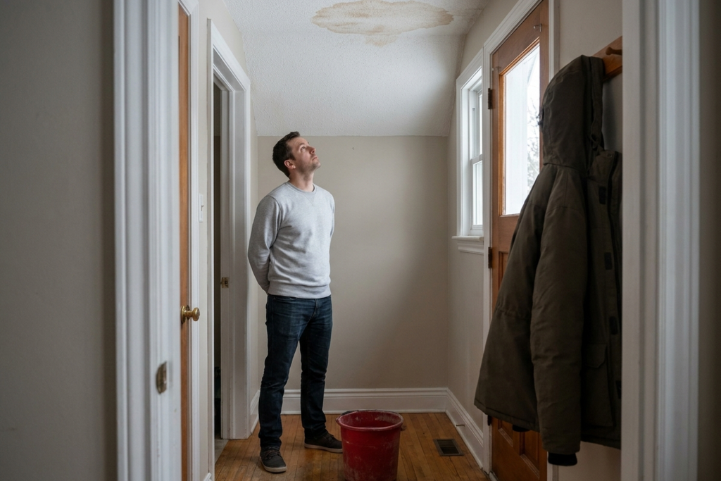 A man in a grey sweatshirt and jeans stands in a narrow hallway looking up at a water stain on the ceiling, with a red bucket on the floor and a parka hanging by the door