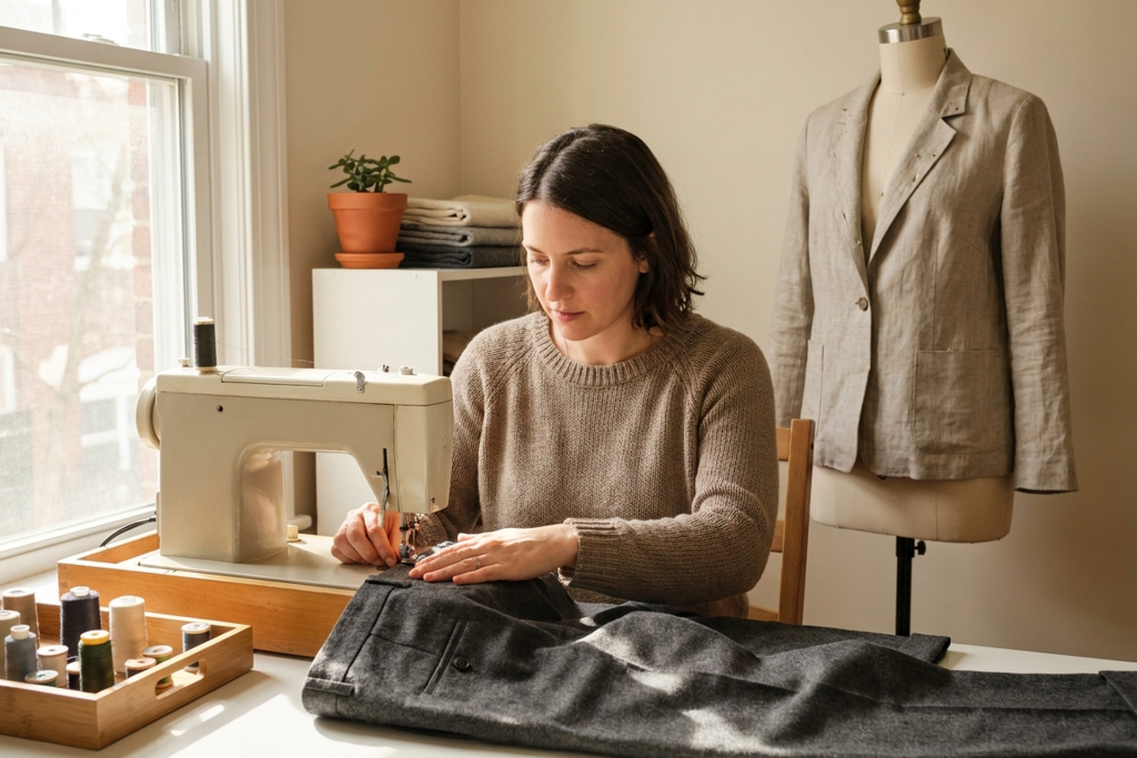 A woman in a brown knit sweater hems a pair of grey wool trousers at a cream sewing machine in a sunlit workroom, with a linen jacket pinned on a dress form beside her and a tray of thread spools in front of the window